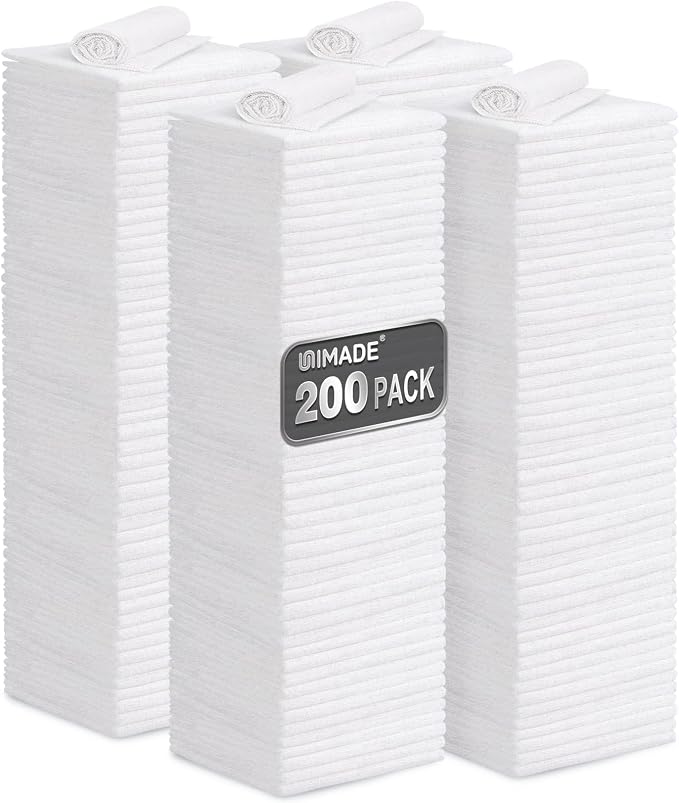 UNIMADE Shop Towel Rag, 200 Pack Reusable Microfiber Cleaning Cloth | Rags Bulk Lint Free Towels for Car Kitchen Automotive Bar Mechanic Restaurant Garage, 11.5"x 11.5", White by Unimade