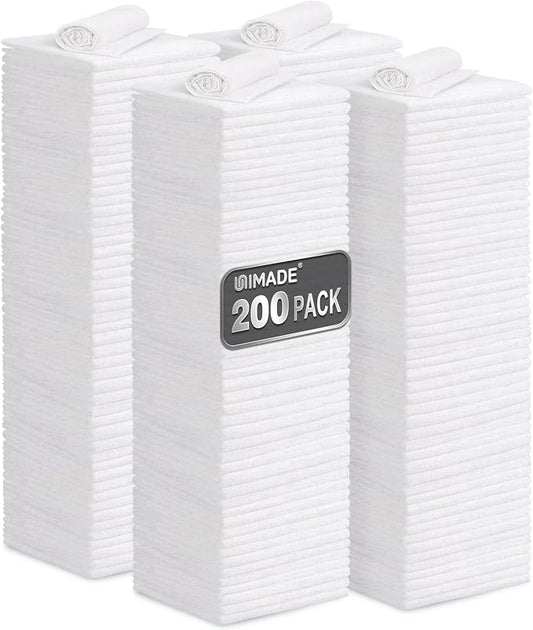 UNIMADE Shop Towel Rag, 200 Pack Reusable Microfiber Cleaning Cloth | Rags Bulk Lint Free Towels for Car Kitchen Automotive Bar Mechanic Restaurant Garage, 11.5"x 11.5", White by Unimade