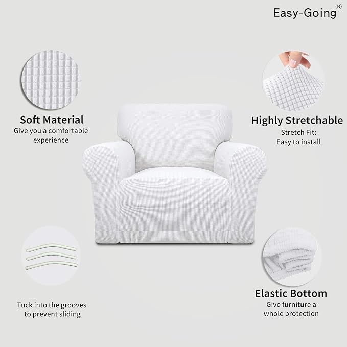 Easy-Going Stretch Chair Slipcover with Arm Washable Snow White | 1-Piece Couch Sofa Cover Furniture Protector for Living Room Soft with Bottom For Kids, Pet. Spandex Jacquard - Image 3