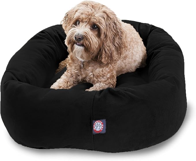 Majestic Pet 32 Inch Suede Calming Dog Bed Washable – Cozy Soft Round Dog Bed with Spine Support for Dogs to Rest their Head - Fluffy Donut Dog Bed 32x23x7 (Inch) - Round Pet Bed Medium – Black by MajesticPet