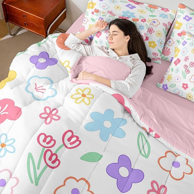 Feelyou Cute Flower 7 Piece Bedding Set Colorful Floral Comforter Set with Sheets for Kids Boys Girls Cartoon Hand-Drawn Bed in a Bag Botanical Decor Bed Set Soft Lightweight - Image 7
