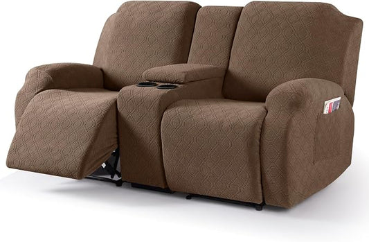 VANSOFY Stretch Recliner Loveseat Cover with Middle Console, Light Coffee | 4-Pieces, Soft Furniture Protector, Washable Slipcover with Pocket, Pets Sofa Cover, High Stretchy fabric Couch Cover by VANSOFYFURNITURECOVERS