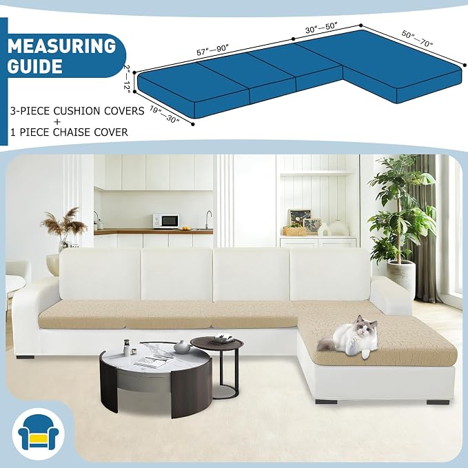 MAXIJIN Waterproof Sectional Couch Cover 4 Pieces Stretch Couch Cushion Covers for Sectional Sofa L Shape Seat Slipcovers with Elastic Bottom for Dog Pet (3 Seater + 1 Chaise, Khaki) - Image 2
