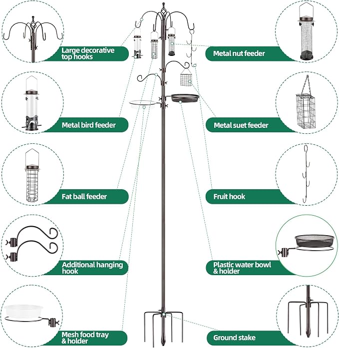 Bird Feeding Station Kit Pole Wild Bird Feeder Hanging Planter Hanger Multi Feeder Hanging with Metal Suet Feeder Bird Bath for Attracting Wild Birds - Image 3