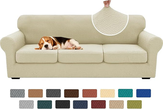 XINEAGE New 4 Pieces Extra Large Couch Covers for 3 Cushion Sofa Super Stretch Sofa Cover for 3 Large Seat Cushion Universal Slip Cover for Living Room (Light Beige), 91"-110"(3 Cushions) by XINEAGE