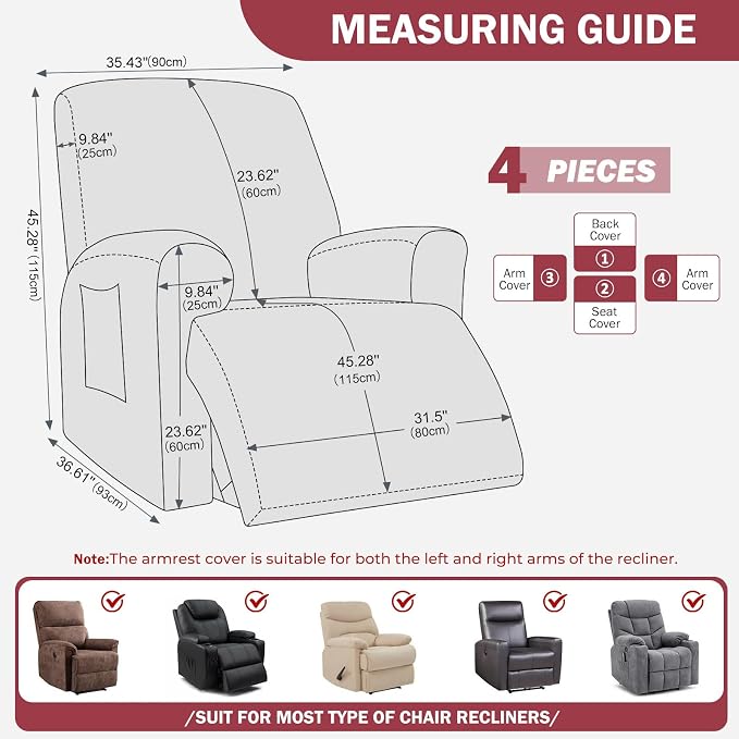 vctops Diamond Recliner Cover 4-Pieces Recliner Stretch Sofa Slipcover 1 Seater Couch Protector Soft Solid Furniture Protector Covers with Elastic Strap (Wine Red,1 Seat) - Image 2