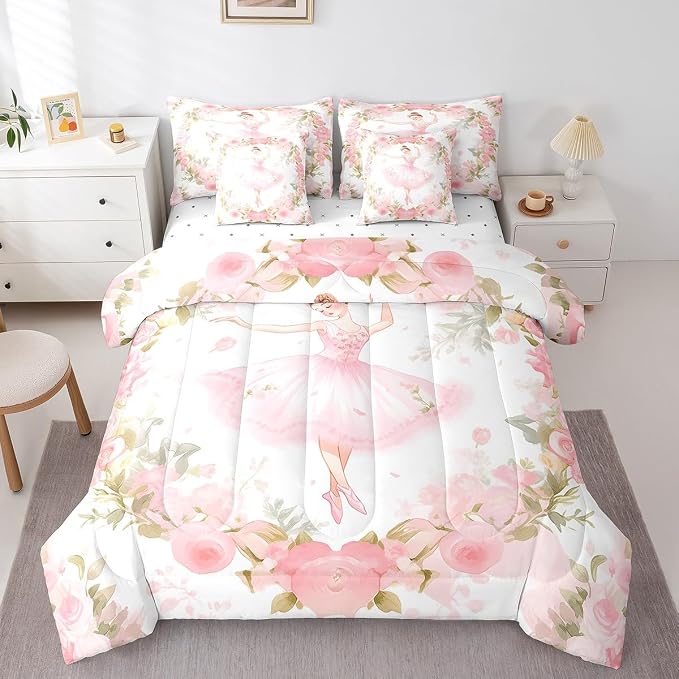Feelyou Ballet 7 Piece Bedding Set - Full Size Cute Ballet Girls Comforter Set with Sheets for Kids, Teens, Toddler Dancing Girl Bed in a Bag - Pink Rose Bed Set - Image 3