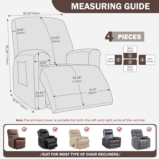 vctops Diamond Recliner Cover 4-Pieces Recliner Stretch Sofa Slipcover 1 Seater Couch Protector Soft Solid Furniture Protector Covers with Elastic Strap (Dark Coffee,1 Seat) - Image 2