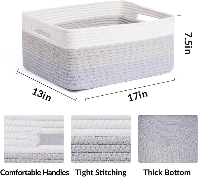 MiniArk Large Storage Baskets for Shelves, 17 x 13 x 7.5” Closet Organizers Bins for Clothes Blanket Towels, Baby Nursery, Toy Baskets Box, Woven Rope Baskets, 2 Packs Gradient Grey - Image 2