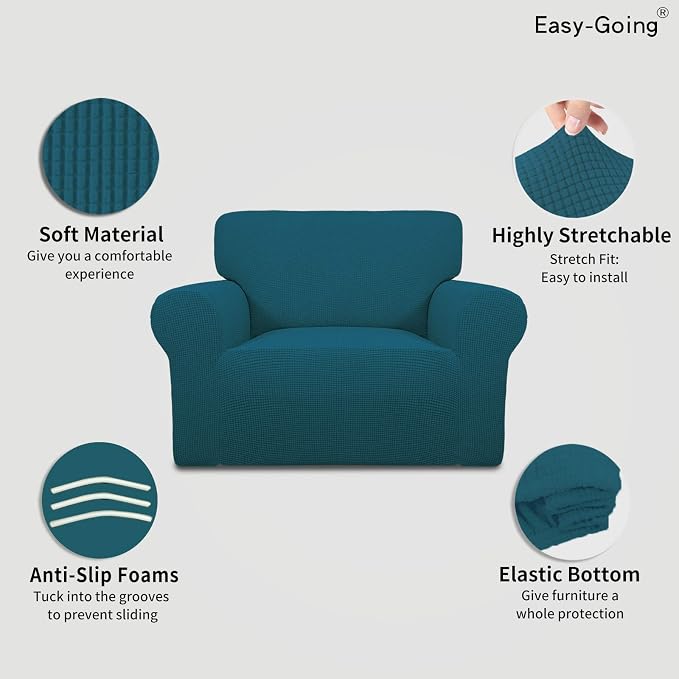 Easy-Going Stretch Oversized Chair Sofa Slipcover 1-Piece Couch Sofa Cover Furniture Protector Soft with Elastic Bottom for Kids Spandex Jacquard Fabric Small Checks Peacock Blue | 1-Piece Large chair covers armchair Furniture Protector for Living Room... - Image 3