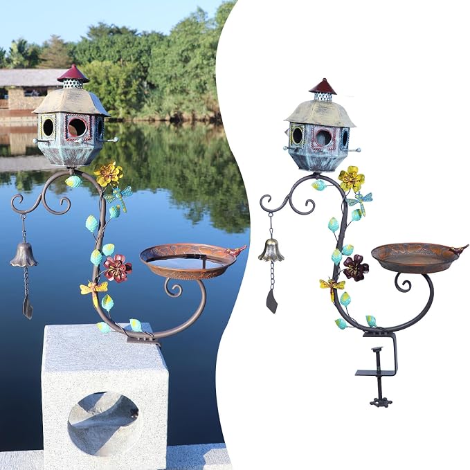 Deck Bird Bath, Metal Bird Bath and Bird Houses, Deck Mounted Bird Bath | Detachable and Adjustable Sturdy Deck Bird Bath for Outdoor Porch Yard Garden Decoration - Image 6