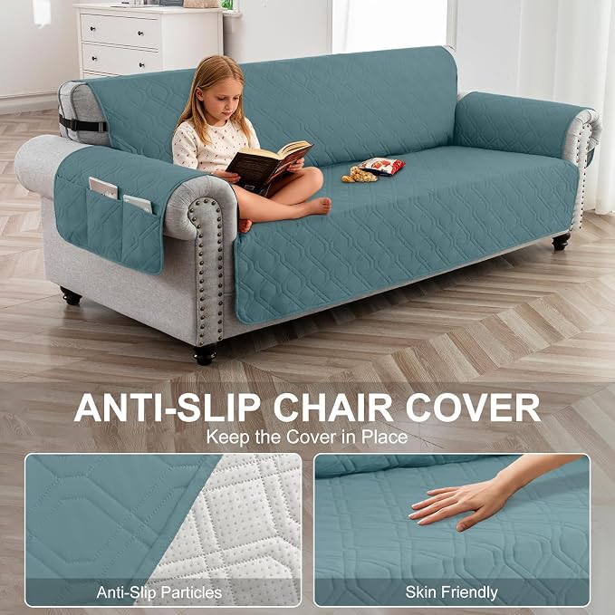 100% Waterproof Quilted Couch Cover,Straps&Pockets,78" Grayishblue | Washable sofa cover, pet-friendly, scratch-resistant furniture protector, quilted sofa cover, reversible, non-slip backing. - Image 4