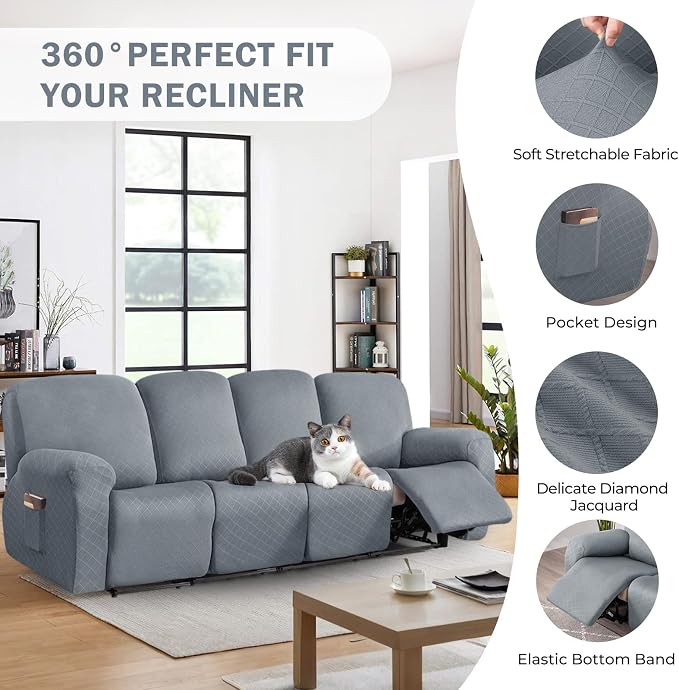 vctops Diamond Recliner Sofa Covers 10-Pieces Stretch Large RV Couch Covers for 4 Seats Reclining Slipcovers Soft Solid Furniture Protector (Light Grey,4 Seat) - Image 4