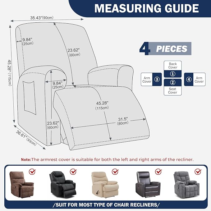 vctops Diamond Recliner Cover 4-Pieces Recliner Stretch Sofa Slipcover 1 Seater Couch Protector Soft Solid Furniture Protector Covers with Elastic Strap (Navy,1 Seat) - Image 2
