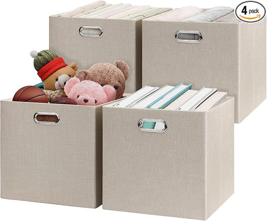 Posprica Storage Cube Basket Bins,13×13 Foldable Storage Boxes for Closet Organizer Shelf Cabinet Bookcase,Thick Fabric Drawer,Set of 4, Beige by Posprica