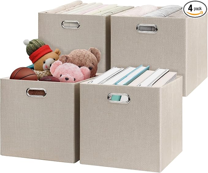 Posprica Collapsible Storage Cubes,11×11×11 Fabric Storage Bins Containers Drawers,4pcs, Beige by Posprica
