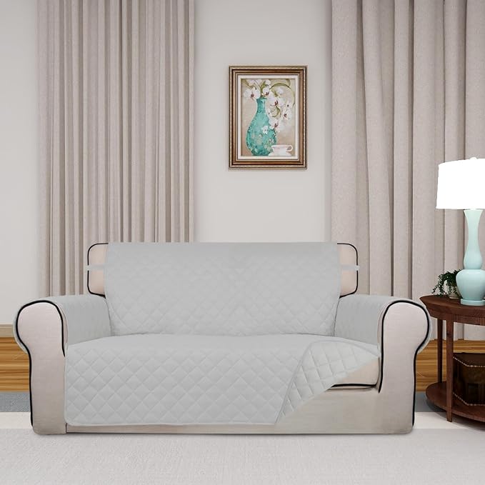 PureFit Reversible Quilted Couch Covers for Dogs Loveseat Sofa Cover 54" | Light Gray/Light Gray, Water Resistant Couch Protector, Washable Pet Couch Cover with Non Slip and Elastic Straps For Kids - Image 2