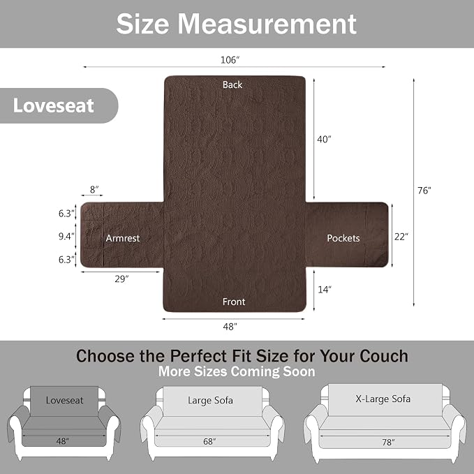 Water Repellent Loveseat Cover for 2 Cushion Couch, Machine Washable Love Seat Quilted Couch Covers, Pet Friendly Sofa Slipcovers (Loveseat 48", Chocolate) - Image 7