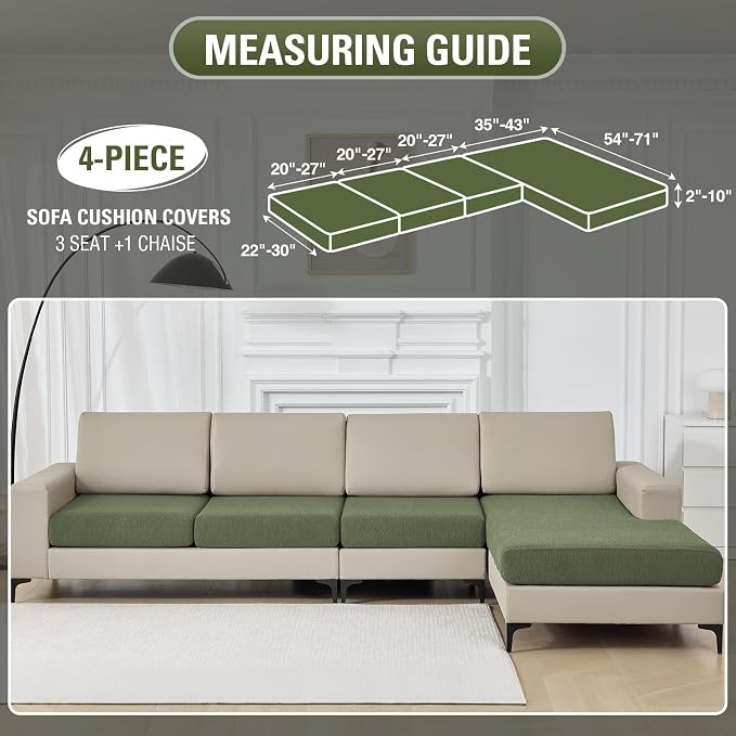 Couch Cushion Covers for Sectional Sofa Stretch Sofa Slipcovers Washable Wear-Resistant Sectional Couch Covers L Shaped Seats Furniture Protectors for Pets(Green, 3 Seater+1 Chaise) - Image 2
