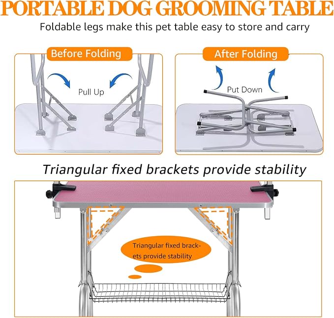 Professional Dog Pet Grooming Table Adjustable Heavy Duty Portable w/Arm & Noose & Mesh Tray (Pink, 36") - Image 4