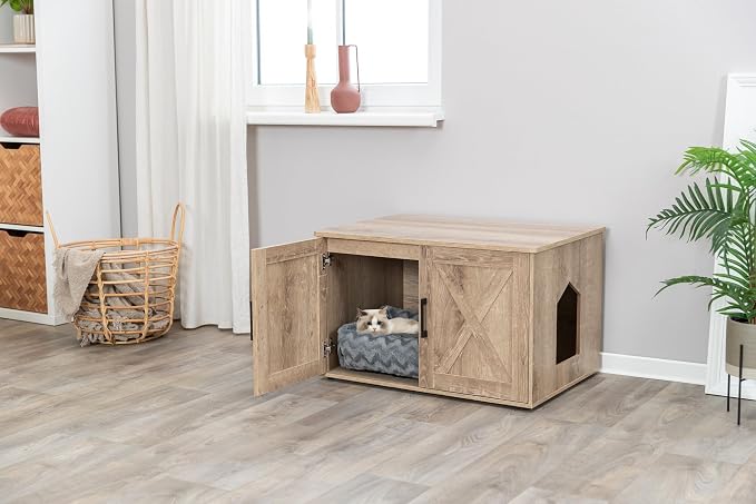 TRIXIE XL Farmhouse Litter Box Enclosure (Graywash), Hidden Litter Box for Cats in Farmhouse-Style, Openings on Either Ends, Large Ventilations Slots, Double Doors for Easy Cleaning, Removable Divider - Image 3