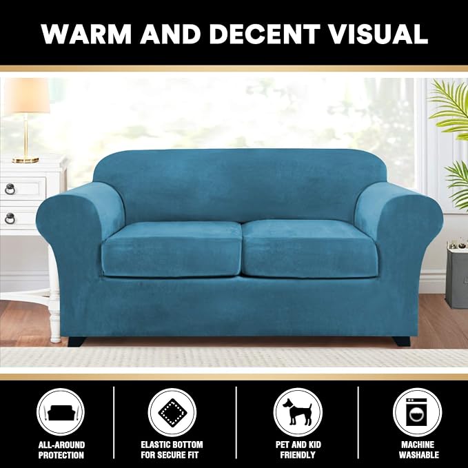 PrinceDeco Velvet Couch Cover Loveseat Covers for 2 Cushion Couch 3 Piece Sofa Covers for Dogs Washable Loveseat Covers Width Up to 72 Inch No Slip Stretch Sofa Slipcover(Medium, Blue) - Image 6