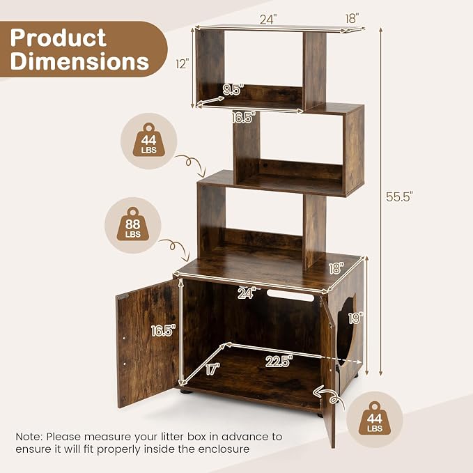 PETSITE Cat Litter Box Furniture with 3 Shelves and Doors, 56 inch Tall Cat Box Enclosure with Display Shelves and Side Entry, Indoor Hidden Litter Box with Decorative Storage Shelving (Rustic Brown) - Image 3