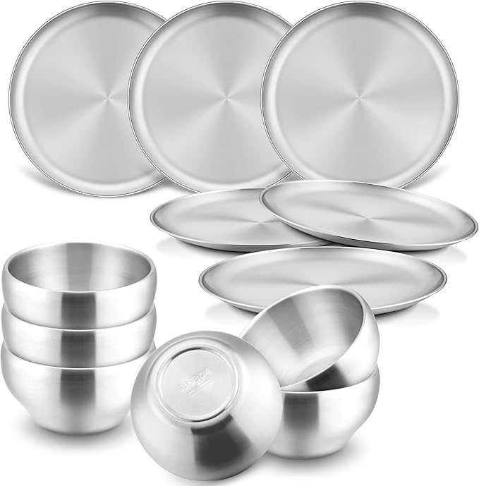 HaWare Kids Plates and Bowls, 12 Pieces Stainless Steel Dish Set, Reusable Dinnerware for Camping, Hiking, Travel, Picnic, Non-toxic Tableware set for Kids Self-feeding, Dishwasher Safe by HaWare