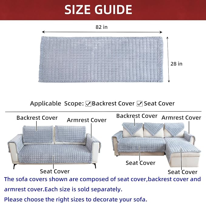 Couch Cover - Non Slip, Washable Sectional Sofa Covers for 3 Cushion L Shaped Couch, Velvet, Gray, 28''x82'' (Only 1 Piece) - Image 3