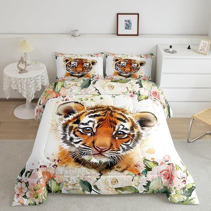 Manfei Cartoon Tiger Comforter Set for Kids,Cute Wildlife Animal Bedding Set Teens Boys Room Decor,Watercolor Flowers Kawaii Baby Tiger Comforter with 1 Pillowcase for All Seasons,Twin by Manfei
