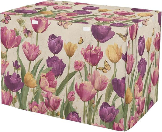 Dog Crate Cover Kennel Cover for Dog Cages Breathable for Wire Cage Indoor Outdoor Vintage Beige Spring Tulips Butterflies by QwThum