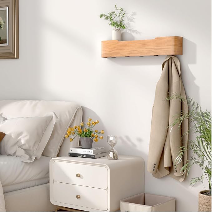 Wall Mounted Coat Rack with Shelf, Wooden Entryway Organizer with Hidden Metal Hooks for Hanging Coats Bags Keys, Modern Floating Shelf for Hallway Bathroom (Oak, 5 Hooks) - Image 7