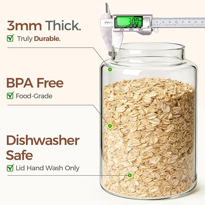 ComSaf Flour Storage Containers with Acacia Wood Lids 1Gallon 2Pack | 4.2Qt Large Glass Jar, for Cooks, Flour Cereal Rice Oats, Kitchen Pantry, 4.4in Wide Mouth, Canister with Scoops & Labels - Image 5