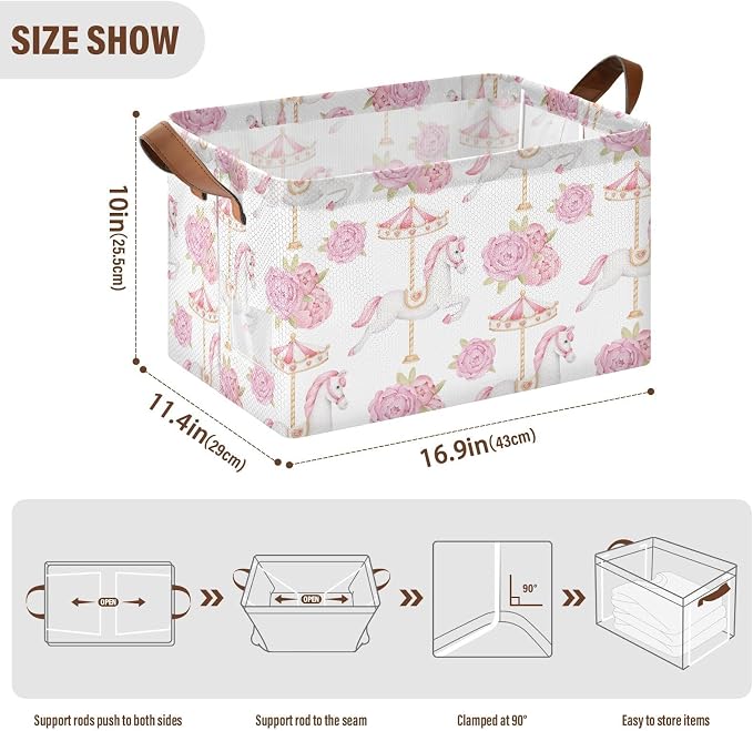Cute Carousel Horse with Pink Flower Baby Storage Basket with Label&Handles Rectangular Waterproof Nursery Storage Bins Collapsible Shelf Organizer Baskets for Kids Books Cloth Gift Toys Laundry - Image 7