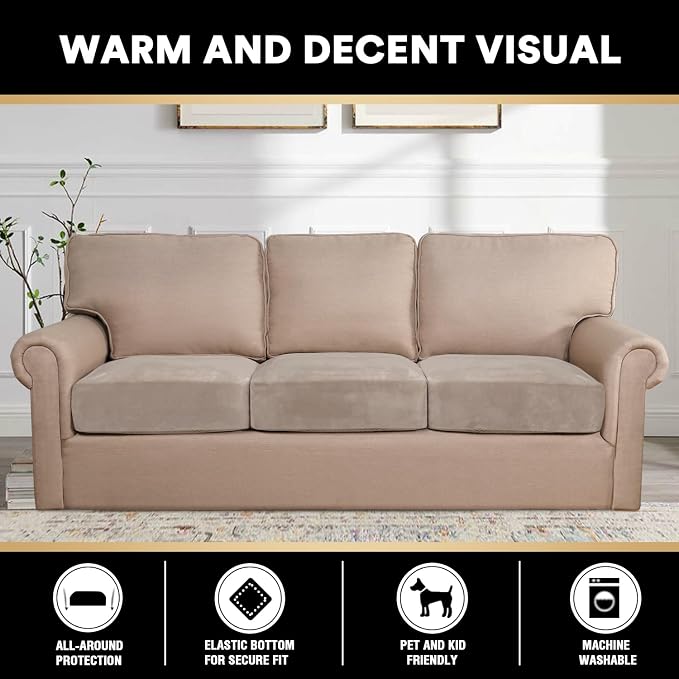 PrinceDeco Velvet Stretch Couch Cushion Cover, Sofa Slip Covers for 3 Seat Cushion Couch Chair Loveseat Sofa Cushion Furniture Protector Cushion Sofa Cover Each Width Up to 29.5", Oatmeal - Image 2