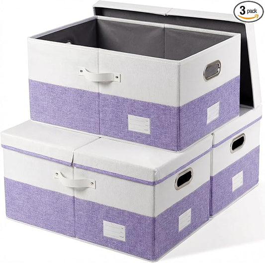PRANDOM Storage Bins with Lids [3-Pack] Linen Fabric Foldable Storage Boxes Organizer Containers Baskets Cube with Cover for Bedroom Closet Office White&Purple (23.4X15.9X11.4) by Prandom