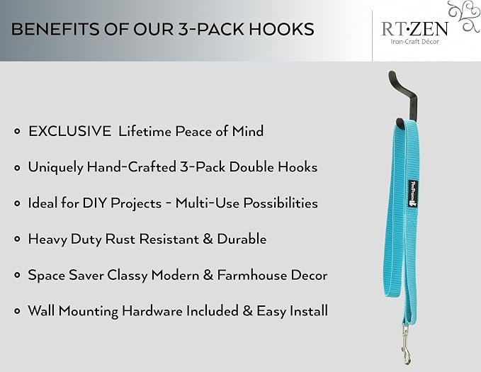 RTZEN Classic Farmhouse Wall Mount Multi-Use Wrought Iron Hook Set (3 Pack) | Decorative Rustic Metal Handcrafted Bathroom, Entreyway Home Decor Hooks Suitable for Coats, Towels, Robe or Hat Hanging - Image 2