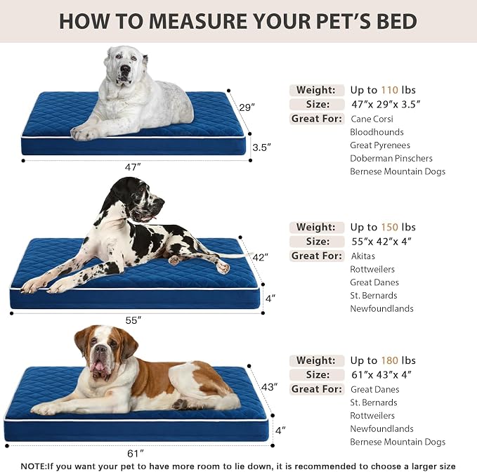 WNPETHOME Orthopedic Giant Human Dog Beds for Adult & Dog Cozy Sleep | Human Washable Waterproof Dogs Bed with Removable Cover, Multi-Needle Quilting Dogs Crate Bed for Relax , Blue 61x43 Inch - Image 5