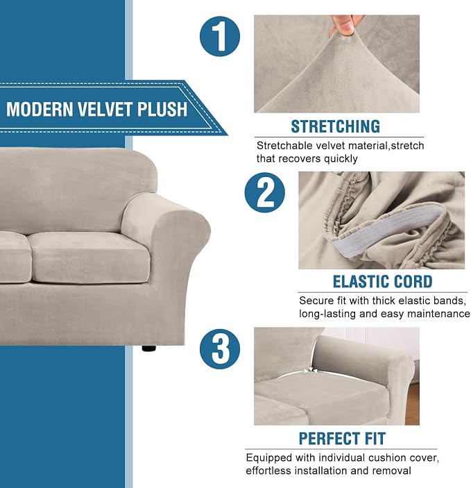 H.VERSAILTEX Real Velvet Plush 3 Piece Stretch Sofa Covers Couch Covers for 2 Cushion Couch Loveseat Covers Width Up to 72 Inch Feature Thick Soft Stay in Place (Medium Sofa, French Oak) - Image 3