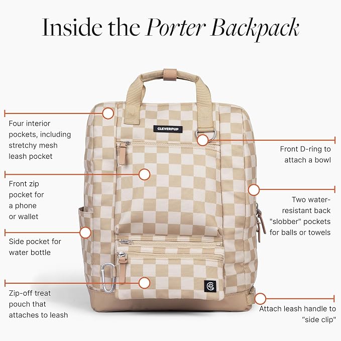 Cleverpup Porter 2-in-1 Dog Gear Backpack – Premium Dog Travel Bag with 10 Pockets, Zip-Off Treat Pouch, Leash Clip, Waterproof Pockets & Water Bottle Holder – Weekend, Hiking, Camping, Checkerboard - Image 3