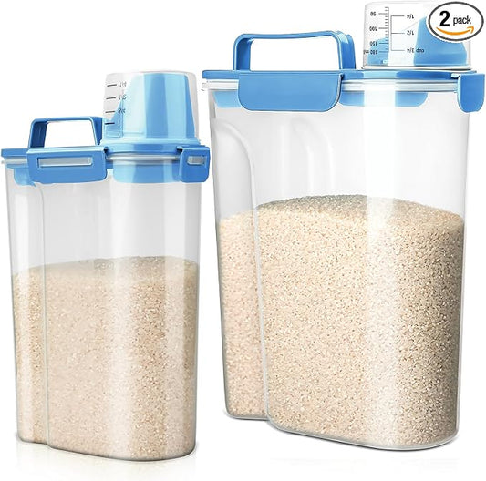 Viretec Rice Storage Container, 5 to 10lb Dry Food Airtight Dispenser, Pet Dog Cat Food Canister, BPA Free Clear Plastic Kitchen and Pantry Bin for Oatmeal, Cereal, Pasta, Flour Pack of 2 Blue by Viretec