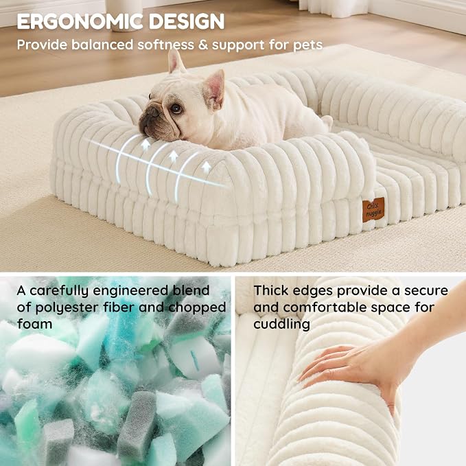 ChiXnuggle Faux Fur Orthopedic Dog Bolster Bed, Waterproof Washable Cover | rectangular dog sofa couch,egg crate foam,non-slip bottom,for small medium dogs,cream,30*24*7,puppy bed - Image 2