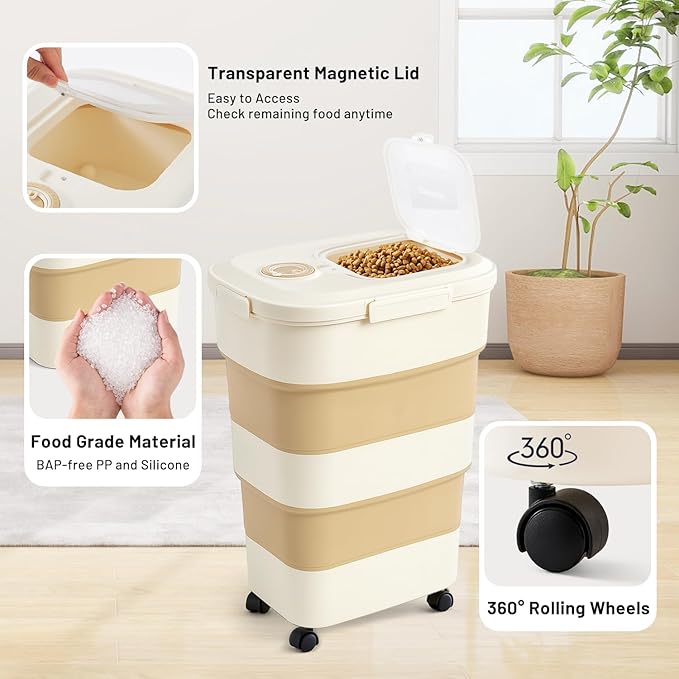 ZOMISIA 40-50lbs Dog Food Storage Container, Large Capacity Collapsible Airtight Pet Food Storage Containers with Rolling Wheels, Transparent Lid, Scoop and Date Track, Brown - Image 4