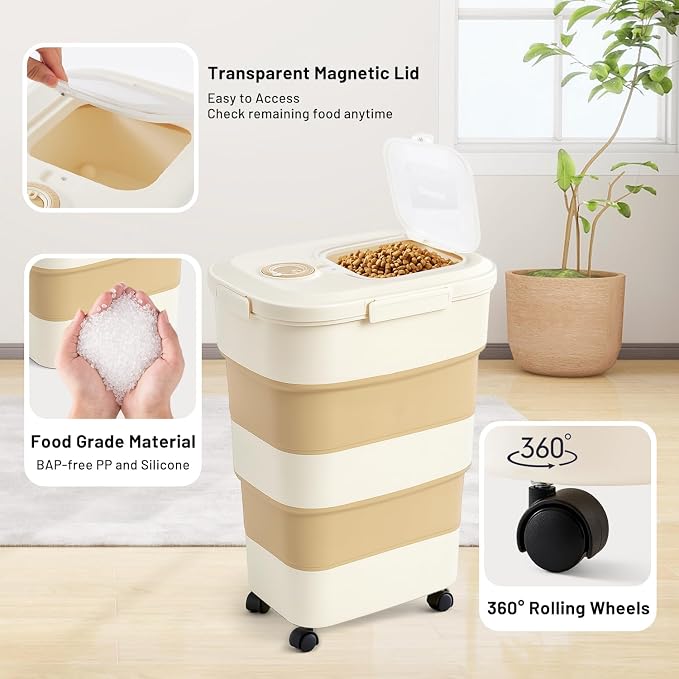 ZOMISIA 40-50lbs Dog Food Storage Container, Large Capacity Collapsible Airtight Pet Food Storage Containers with Rolling Wheels, Transparent Lid, Scoop and Date Track, Brown - Image 4
