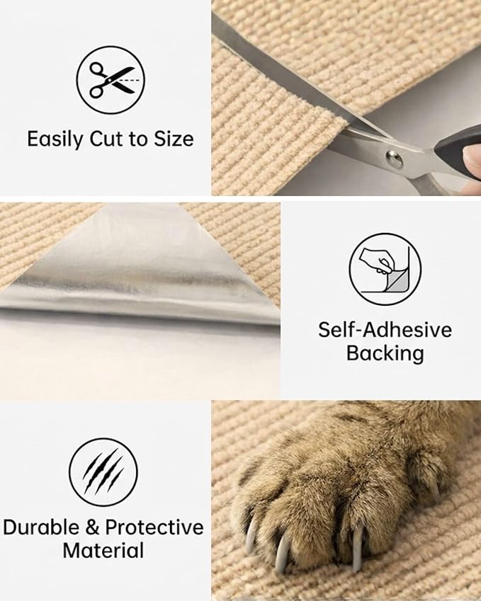 Corner & Wall Cat Scratch Mat (Beige, 23.6''x11.8'', 3-Pack), Self-Adhesive Trimmable Cat Scratcher, Wall Mounted Scratching Pad for Indoor Cats, Sofa Furniture Protector, Cat Post Cover Replacement - Image 3