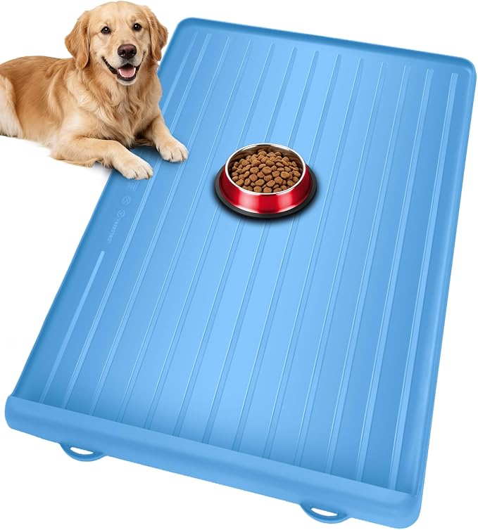 Pet Mats for Food and Water - 39.4" x 27" Thickened Large Dog Food Mat | Waterproof Pet Bowl Mat with Residue Collection Pocket and High Edges to Prevent Water and Food Spills - Blue by Yessotech