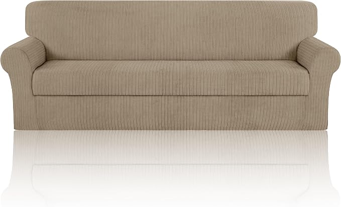 Oversized Sofa Cover Stretching Skid Resistance Couch Cover for Pets Washable, Thick and Durable Soft High Spandex Striped Pattern Sofa Covers (Oversized Sofa, Khaki) by ChengEase