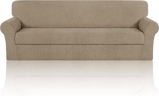 Oversized Sofa Cover Stretching Skid Resistance Couch Cover for Pets Washable, Thick and Durable Soft High Spandex Striped Pattern Sofa Covers (Oversized Sofa, Khaki) by ChengEase