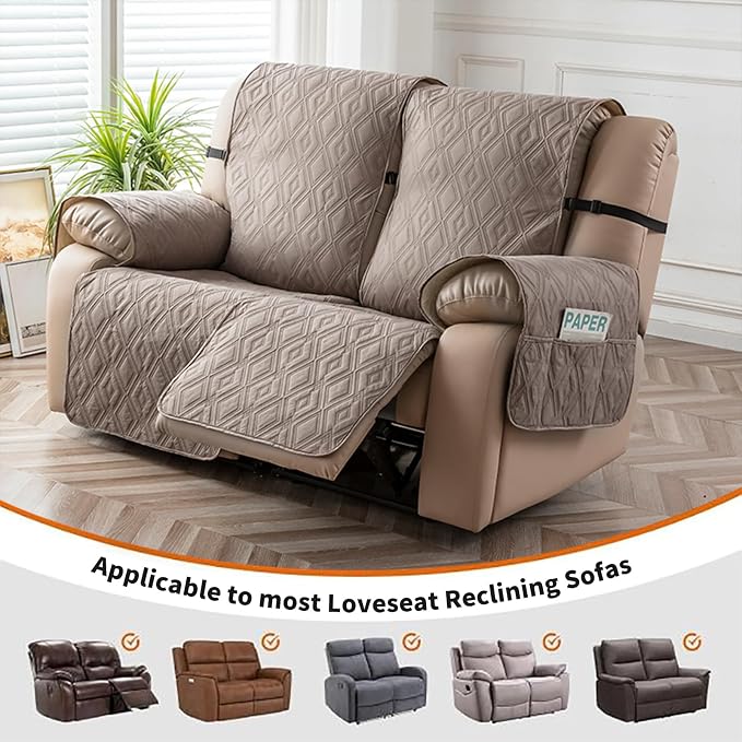Genina Waterproof Loveseat Recliner Cover Non-Slip, Sofa Cover for Reclining Couch 2 Seat, Washable Couch Cover Loveseat Furniture Protector Cover for Pets Dogs Kids (Taupe, Recliner Loveseat) - Image 4