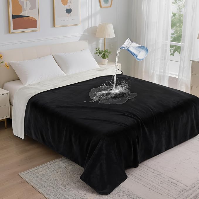 LOOBANI Waterproof Blanket for King Bed, Reversible Flannel 85"x108", Black | Waterproof Dog Blankets for Large Dogs, Spill-Proof Couch Cover for Family Movie Nights, Camping, Travel, Noise Free by LOOBANI